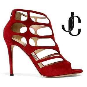 Jimmy Choo Ren 100 Red Suede Caged Sandal EU 37.5 US 7.5